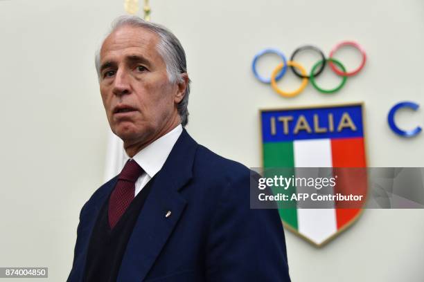 The president of the Italian Olympic Committee , Giovanni Malago gives a press conference a day after the elimination of Italy during the FIFA World...