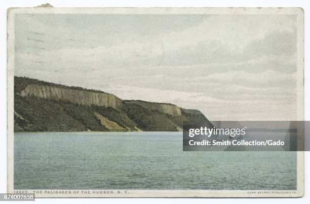 Scenic view of palisades of Hudson River, New York State, USA, 1914. From the New York Public Library.