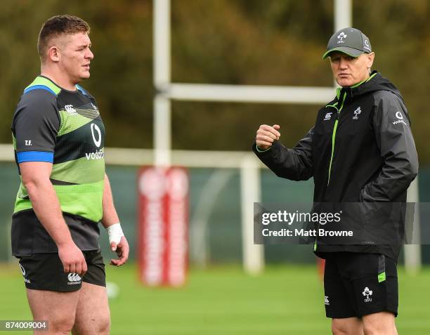 Kildare , Ireland - 14 November 2017; Head coach Joe Schmidt with Tadhg Furlong during Ireland rugby squad training at Carton House, in Maynooth,...