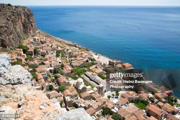 view of the lower town from the upper town of monemvasia, peloponnese, greece - heinz baumann photography stock pictures, royalty-free photos & images