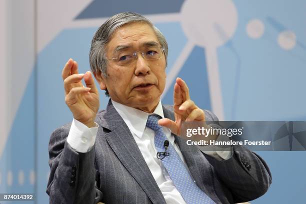 Haruhiko Kuroda, Governor of the Bank of Japan, in a panel to discuss central bank communication on November 14, 2017 in Frankfurt, Germany. The...