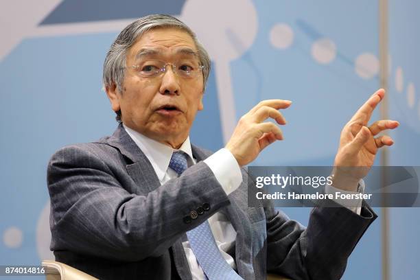 Haruhiko Kuroda, Governor of the Bank of Japan, in a panel to discuss central bank communication on November 14, 2017 in Frankfurt, Germany. The...