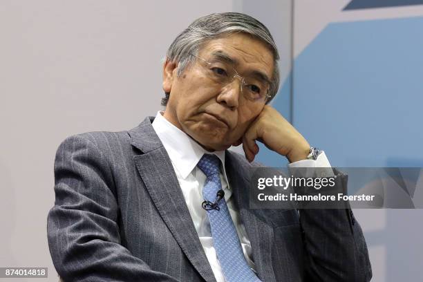 Haruhiko Kuroda, Governor of the Bank of Japan, in a panel to discuss central bank communication on November 14, 2017 in Frankfurt, Germany. The...