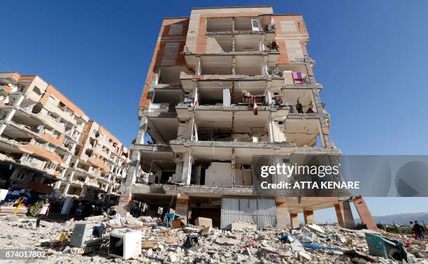 Picture taken on November 14, 2017 shows a view of the buildings left damaged by a 7.3-magnitude earthquake that struck two days before in the town...