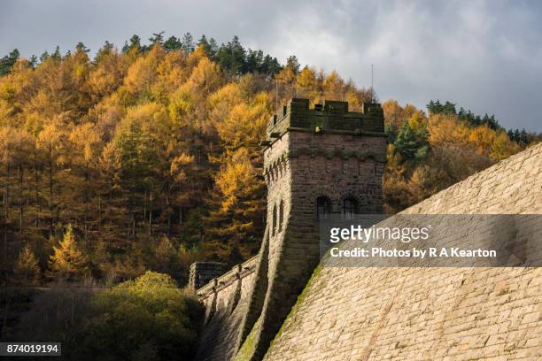 derwent dam in autumn, peak district, derbyshire, england - dambusters stock pictures, royalty-free photos & images