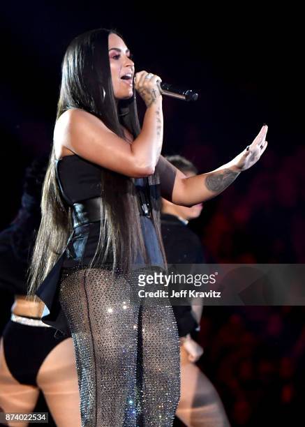Demi Lovato performs on stage during the MTV EMAs 2017 held at The SSE Arena, Wembley on November 12, 2017 in London, England.