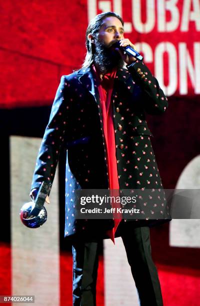 Jared Leto presents the Global Icon award on stage during the MTV EMAs 2017 held at The SSE Arena, Wembley on November 12, 2017 in London, England.