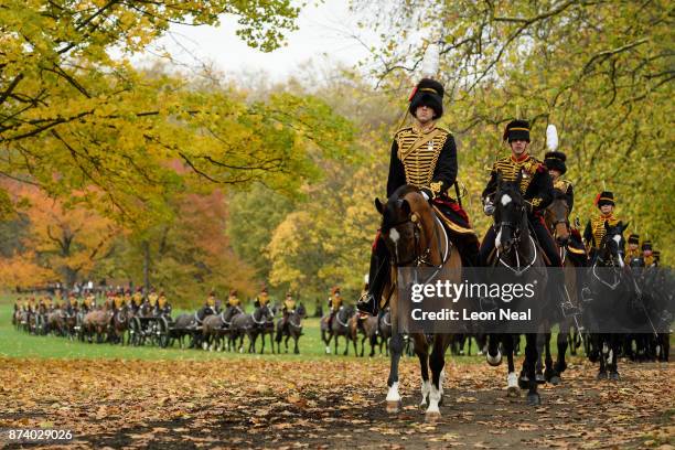 Members of the King's Troop Royal Horse Artillary leave the area after taking part in a 41-gun salute to mark the 69th birthday of the Prince of...