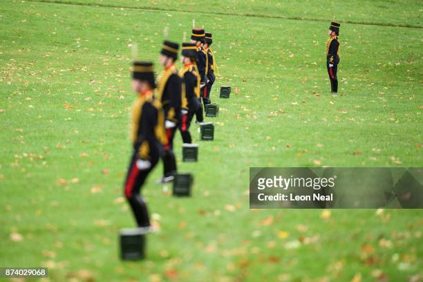 Members of the King's Troop Royal Horse Artillary await the arrival of the guns, ahead of a 41-gun salute to mark the 69th birthday of the Prince of...