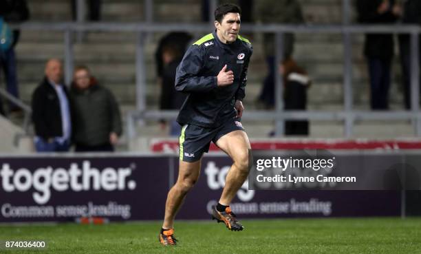 Kelly Brown of Saracens before the Anglo-Welsh Cup match between Sale Sharks and Saracens at AJ Bell Stadium on November 10, 2017 in Salford, England.