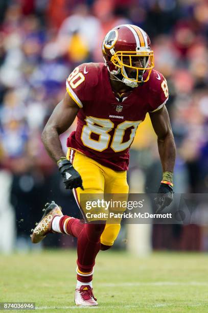 Wide receiver Jamison Crowder of the Washington Redskins in action in the fourth quarter against the Minnesota Vikings at FedExField on November 12,...