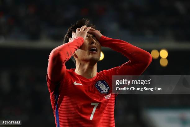 Son Heung-Min of South Korea reacts during the international friendly match between South Korea and Serbia at Ulsan World Cup Stadium on November 14,...