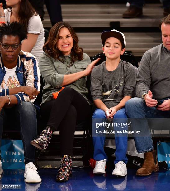 Mariska Hargitay and August Miklos Friedrich Hermann attend the Cleveland Cavaliers Vs New York Knicks game at Madison Square Garden on November 13,...