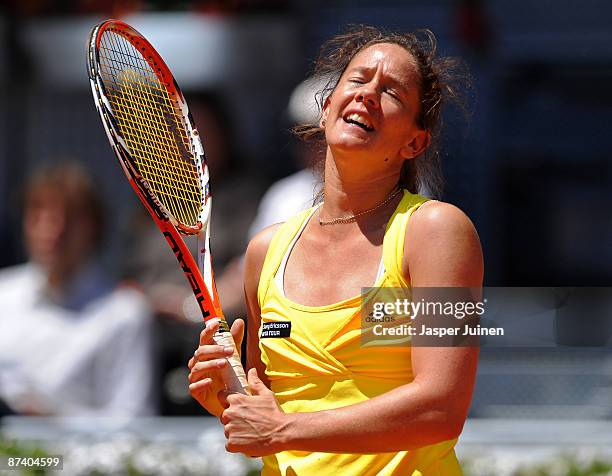 Patty Schnyder of Switzerland looks dejected during her semi-final match against Dinara Safina of Russia during the Madrid Open tennis tournament at...