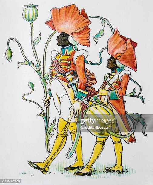 illustrations, cliparts, dessins animés et icônes de antique illustration de humanisé fleurs et plantes : poppy - african print