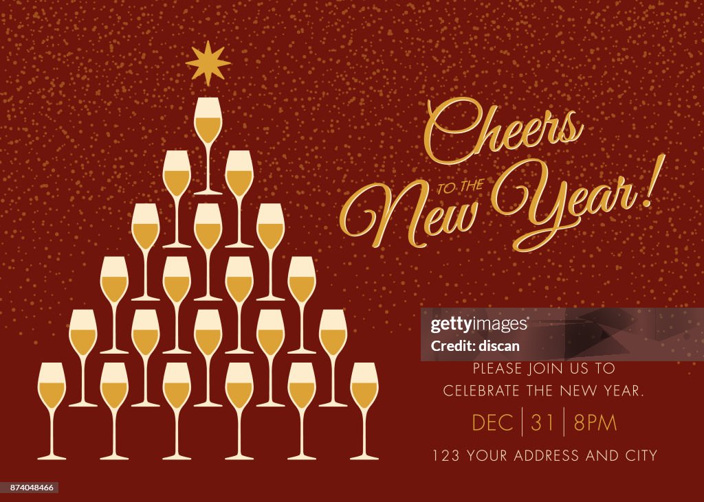 New Year Greeting card with champagne and cheers.