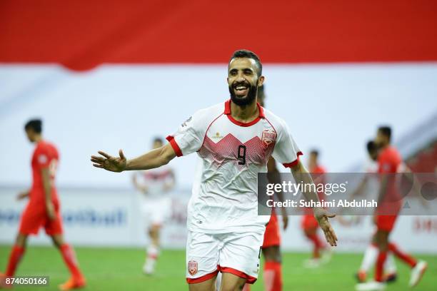 Mahdi Abdul Jabbar of Bahrain reacts after scoring the third goal during the 2019 Asian Cup Qualifier match between Singapore and Bahrain at National...