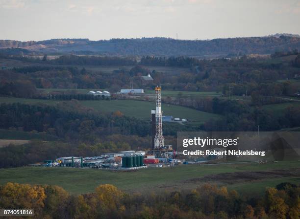 Hydro-fracking drilling pad for oil and gas operates October 26, 2017 in Robinson Township, Pennsylvania. The Kendal well pad is using a horizontal...