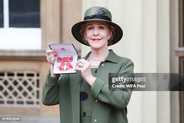 Actress Patricia Hodge poses after she was awarded an OBE by Queen Elizabeth II at Buckingham Palace on November 14, 2017 in London, United Kingdom.