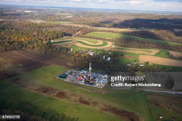 Hydro-fracking drilling pad for oil and gas operates October 26, 2017 in Robinson Township, Pennsylvania. The Kendal well pad is using a horizontal...
