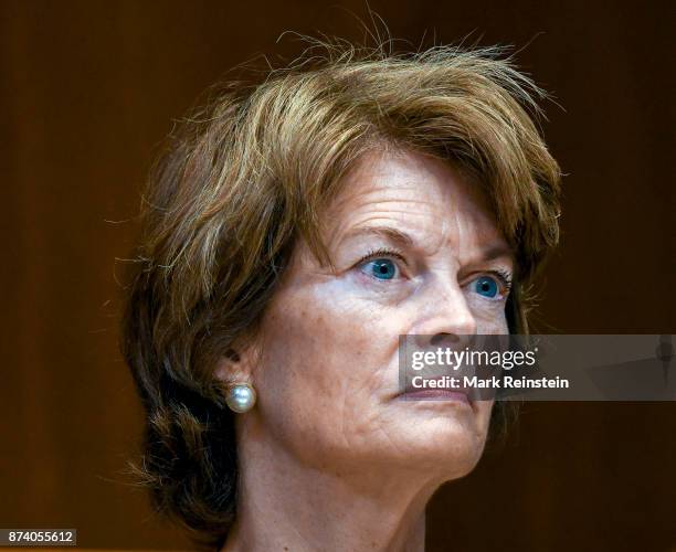 View of American politician Senator Lisa Murkowski as she listens to testimony during a Senate Subcommittee on Appropriations hearing, Washington DC,...