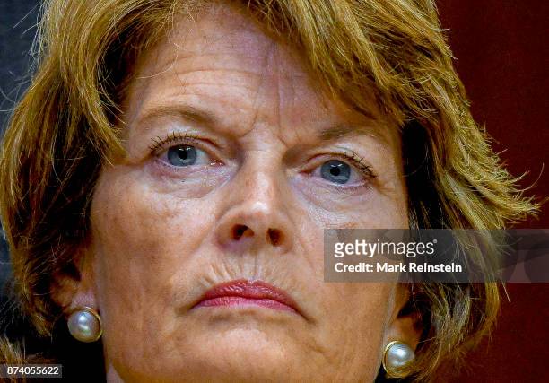 Close-up of American politicians Senator Lisa Murkowski as she listens to testimony during a Senate Subcommittee on Appropriations hearing,...
