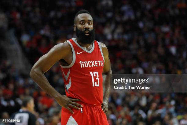 James Harden of the Houston Rockets reacts during a time out in the second half against the Cleveland Cavaliers at Toyota Center on November 09, 2017...
