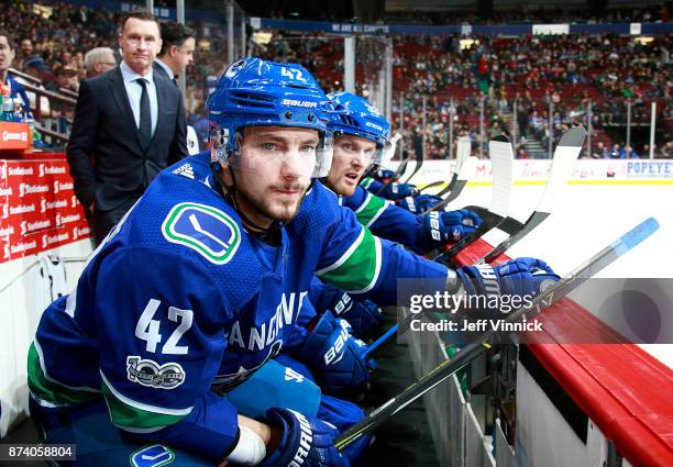 Alexander Burmistrov of the Vancouver Canucks looks on from the bench during their NHL game against the Dallas Stars at Rogers Arena October 30, 2017...