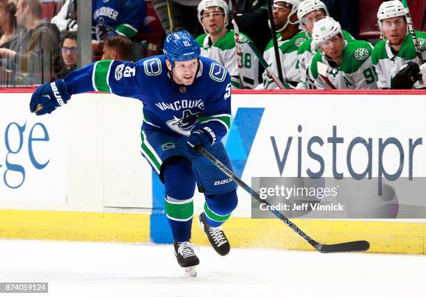 Derek Dorsett of the Vancouver Canucks skates up ice during their NHL game against the Dallas Stars at Rogers Arena October 30, 2017 in Vancouver,...