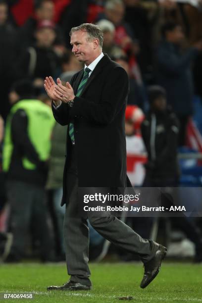 Michael ONeill head coach / manager of Northern Ireland applauds the fans at full time during the FIFA 2018 World Cup Qualifier Play-Off: Second Leg...