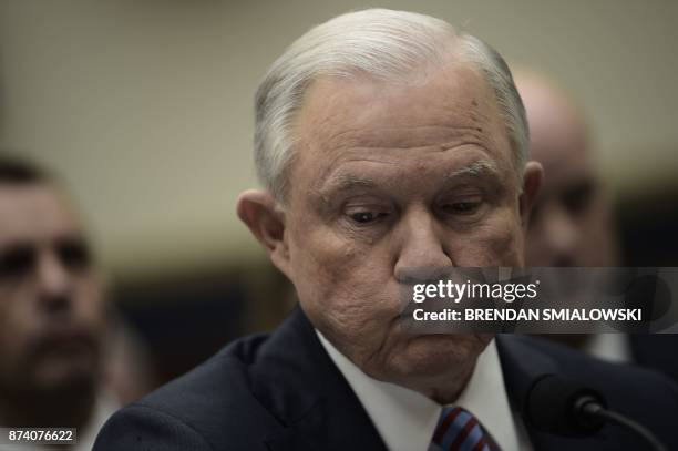 Attorney General Jeff Sessions arrives to testify before a House Judiciary Committee hearing on November 14 in Washington, DC, on oversight of the US...