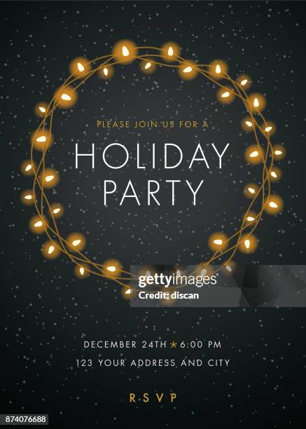 holiday party invitation with lights wreath. - christmas invitation stock illustrations