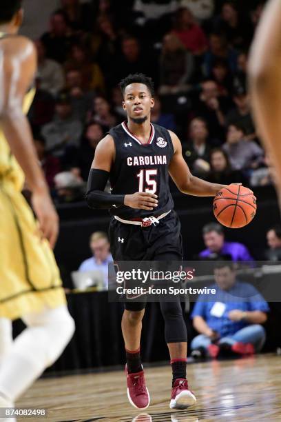 Wesley Myers guard University of South Carolina Gamecocks brings the basketball downcourt against the Wofford College Terriers on opening night at...