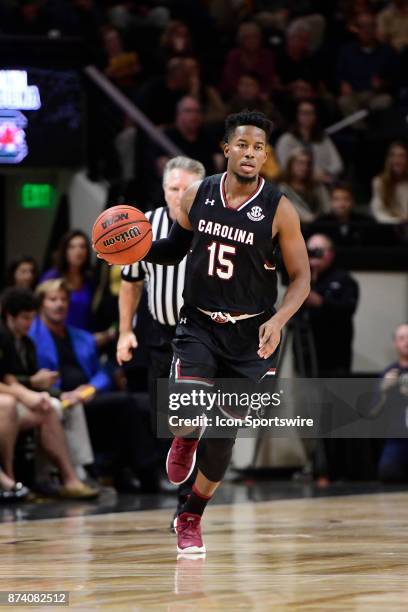 Wesley Myers guard University of South Carolina Gamecocks brings the basketball downcourt against the Wofford College Terriers on opening night at...