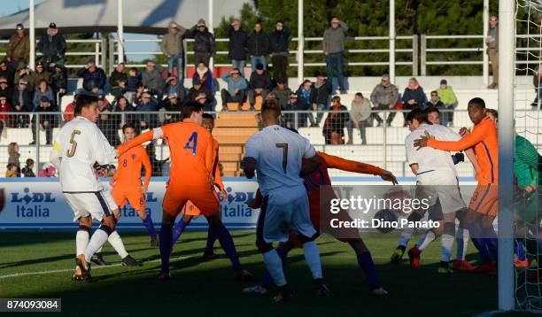 Matteo Pessina of Italy U20 scores his opening goal during the 8 Nations Tournament match between Italy U20 and Netherlands U20 at Stadio G. Teghil...