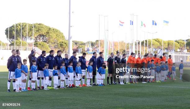 Italy U20 and Netherlands U20 players poses before the 8 Nations Tournament match between Italy U20 and Netherlands U20 at Stadio G. Teghil on...