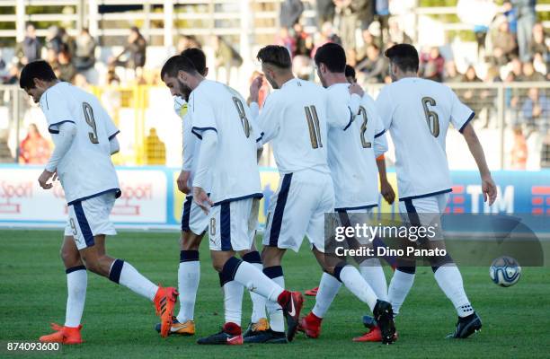 Matteo Pessina of Italy U20 celebrates after scoring his opening goal during the 8 Nations Tournament match between Italy U20 and Netherlands U20 at...