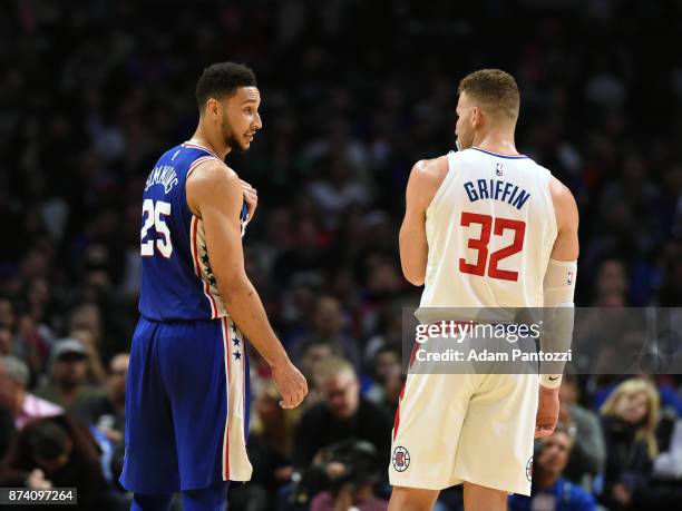 Ben Simmons of the Philadelphia 76ers and Blake Griffin of the LA Clippers during the game on November 13, 2017 at STAPLES Center in Los Angeles,...