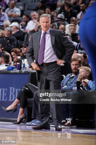 Head Coach Brett Brown of the Philadelphia 76ers coaches against the Sacramento Kings on November 9, 2017 at Golden 1 Center in Sacramento,...