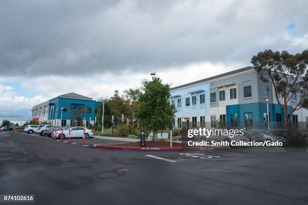 Buildings at the main entrance at the headquarters of social network company Facebook in Silicon Valley, Menlo Park, California, November 10, 2017.