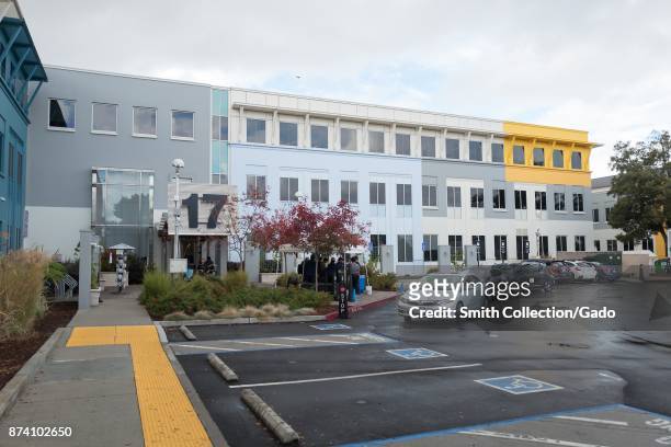 Colorful buildings at the headquarters of social network company Facebook in Silicon Valley, Menlo Park, California, November 10, 2017.