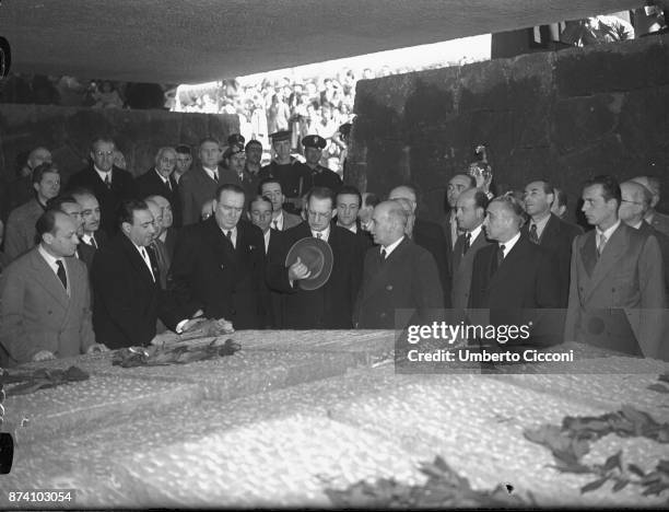 Alcide De Gasperi at the remembrance for the 'Fosse Ardeatine massacre' in Rome 1949.