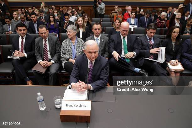 Attorney General Jeff Sessions waits for the beginning of a hearing before the House Judiciary Committee November 14, 2017 on Capitol Hill in...