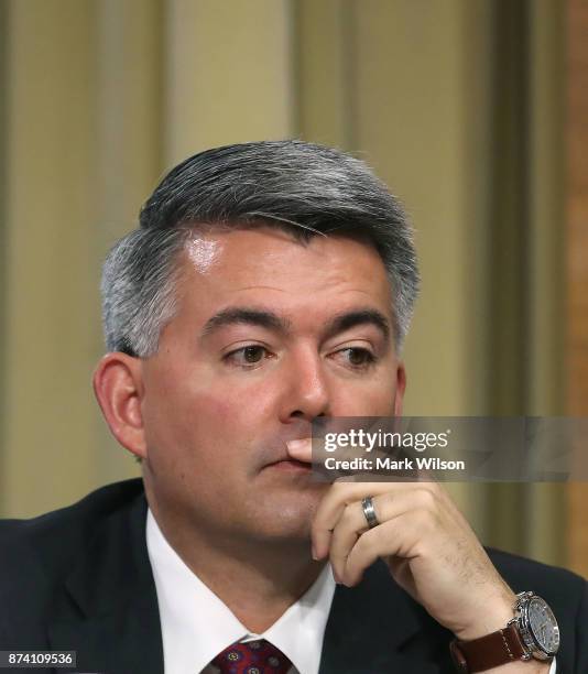 Sen. Cory Gardner listens to testimony during a Senate Energy and Natural Resources Committee hearing on hurricane recovery efforts in Puerto Rico...