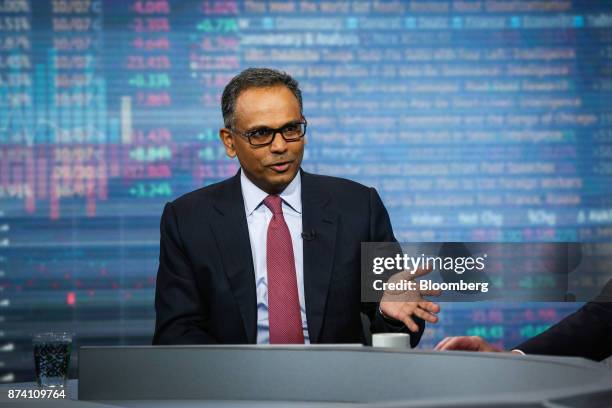 Rajiv Jain, chairman and chief investment officer of GQG Partners LLC, speaks during a Bloomberg Television interview in New York, U.S., on Tuesday,...