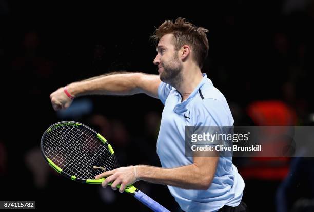 Jack Sock of The United States celebrates victory during the singles match against Marin Cilic of Croatia on day three of the Nitto ATP World Tour...
