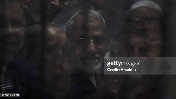 Mohammad Badi, Egyptian Brotherhood supreme guide attends the trial session, known as breaking up the Rabaa el-Adaweya protests case, at Cairo...