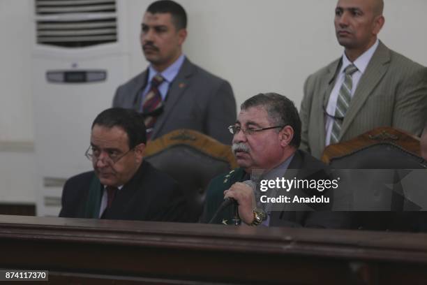 Judge Hasan Ferid leads the trial session, known as breaking up the Rabaa el Adaweya protests case, at Cairo criminal court in Cairo, Egypt on...