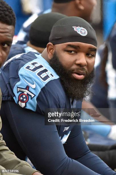 Sylvester Williams of the Tennessee Titans watches from the sideline during a game against the Cincinnatti Bengals at Nissan Stadium on November 12,...
