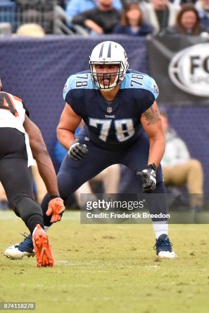 Jack Conklin of the Tennessee Titans plays against the Cincinnatti Bengals at Nissan Stadium on November 12, 2017 in Nashville, Tennessee.